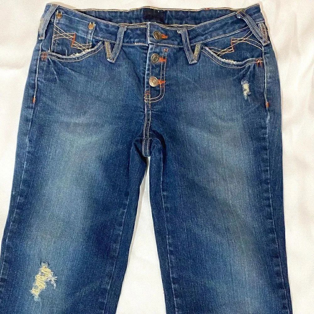 Button Fly Distressed Large Cuff Cropped Jeans - Picture 2 of 7